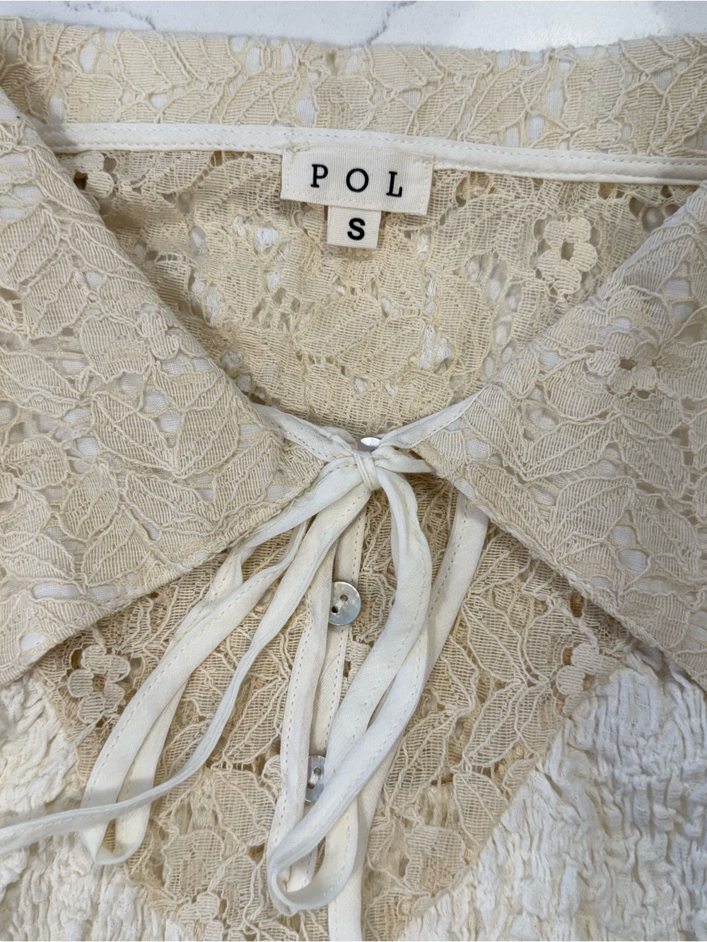 POL Cream Lace Textured Peasant Blouse Tie Neck Boho Cottagecore Size S - Picture 2 of 4